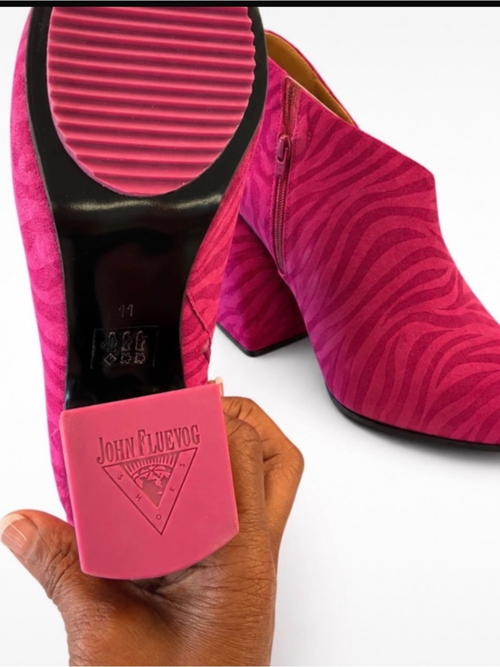 John Fluevog Fuchsia Zebra-Print Suede Ankle Booties Sz 11 - Picture 3 of 3